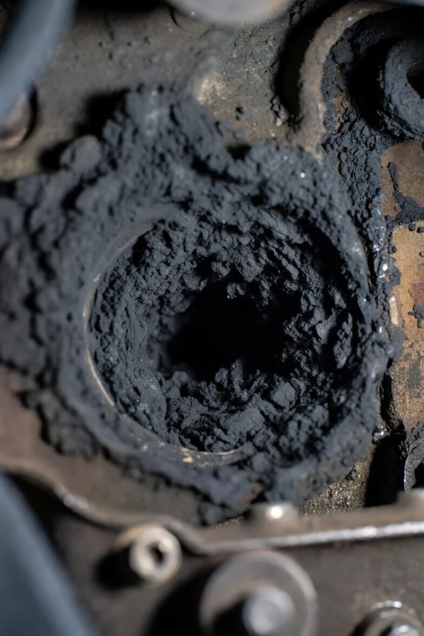 Verkokter Ansaugtrakt eines Direkteinspritzers — typische Ablagerungen an Einlasskanälen