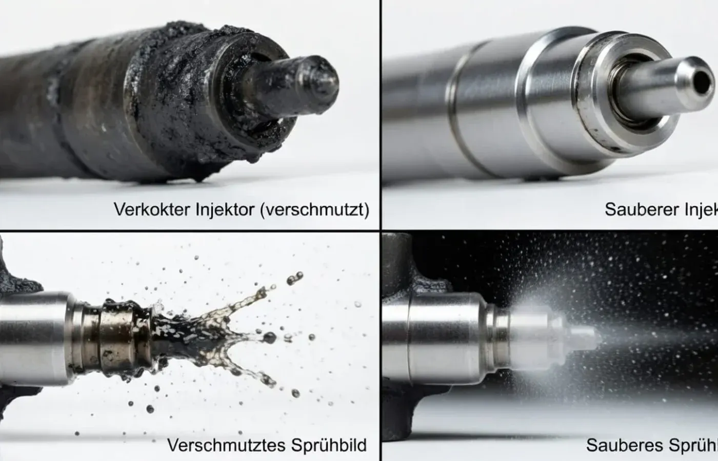 Injektor vorher nachher Reinigung — verkokter vs. sauberer Injektor und Spritzbild