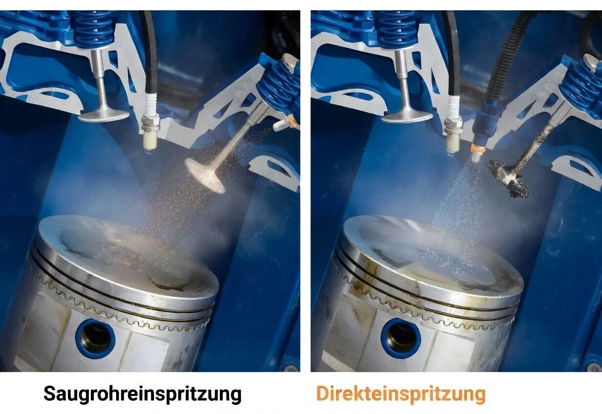 Schema: Saugrohreinspritzung vs. Direkteinspritzung — Unterschied erklärt